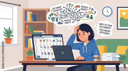 Stressed woman feeling overwhelmed by too many choices while online shopping at her laptop illustration depicting decision fatigue choice overload and consumer frustration