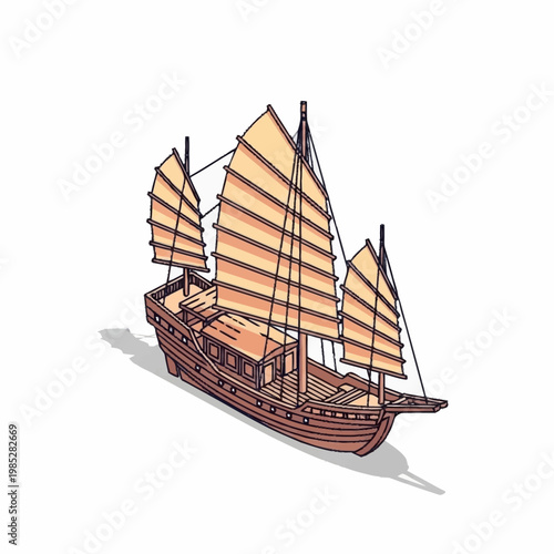 Ancient wooden sailing ship with billowing sails.