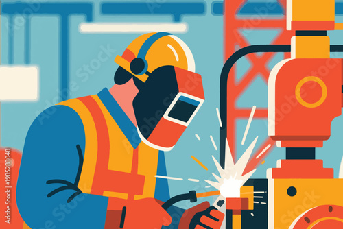 Illustration Of A Man Wearing A Welding Helmet Welding In A Welding Workshop Vector Design Template