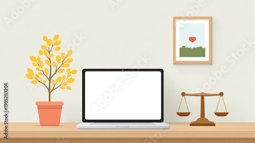 Minimalist office desk with laptop, plant, heart artwork, and scales of justice