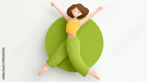 Happy female character jumping with joy on green circle background