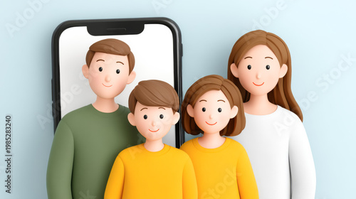 Cartoon family taking selfie with smartphone on blue background