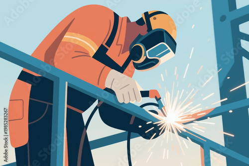 Illustration Of A Professional Welder Wearing A Protective Mask Welding A Metal Structure With Sparks Vector Design Template