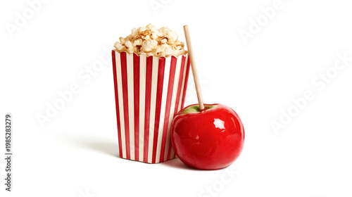 Popcorn box and red candy apple on white background