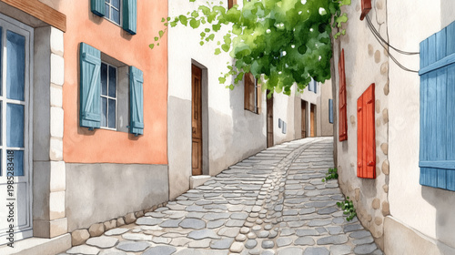 Charming cobblestone alley with colorful shutters in a quaint european village