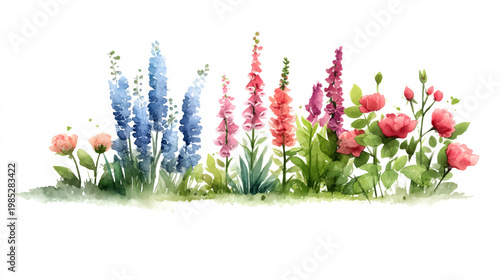 Vibrant watercolor flower garden with delphiniums and roses