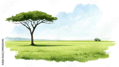 Lone acacia tree on african savanna with vehicle under cloudy sky