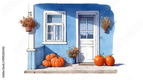 Cozy blue porch with autumn pumpkins and flowers in rustic setting