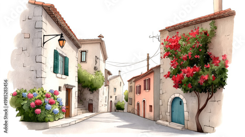 Charming mediterranean village street with colorful blossoms and rustic architecture