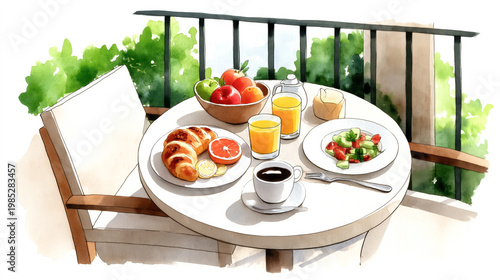 Cozy breakfast setting with fresh fruits and coffee on sunny balcony