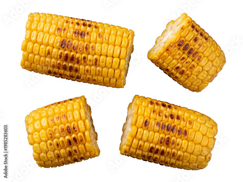 Foto Close-up top view of four grilled corn on the cob pieces, perfectly cooked and ready to eat