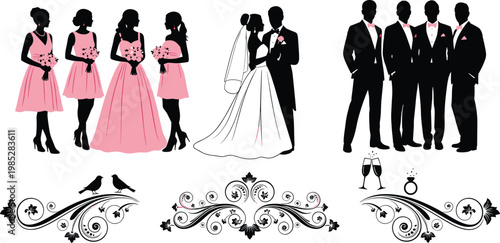 Wedding party silhouettes bride groom bridesmaids groomsmen champagne glasses ring and decorative elements.