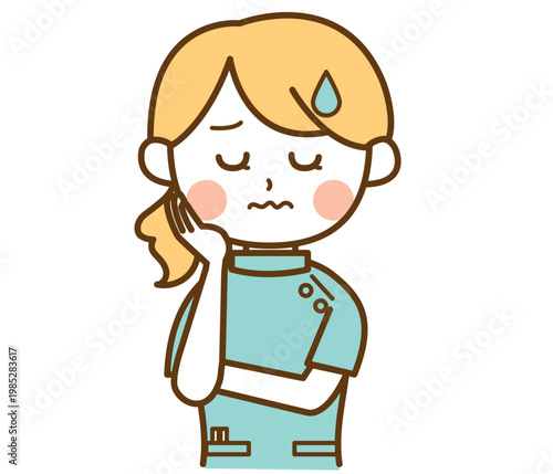 困った顔をして悩んでいる薬剤師の女性のイラスト