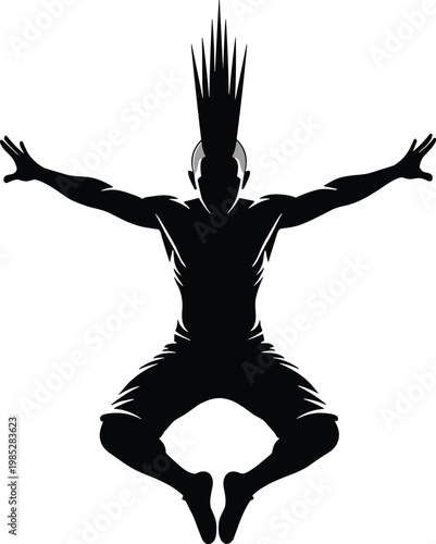 Dynamic silhouette of a man with a mohawk jumping with arms outstretched.