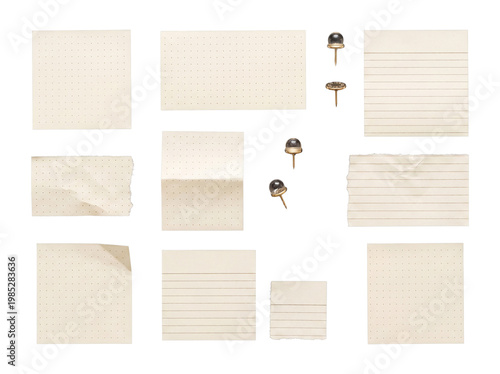 Konstfotografi Assorted dot grid and lined paper notes with metallic thumbtacks, isolated on a transparent background