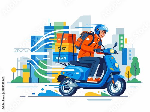 Fast Urban Delivery Rider on a Scooter with Packages in a Stylized Cityscape Illustration