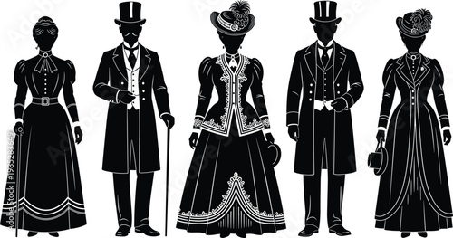 Silhouettes of men and women in elegant vintage Victorian era clothing.