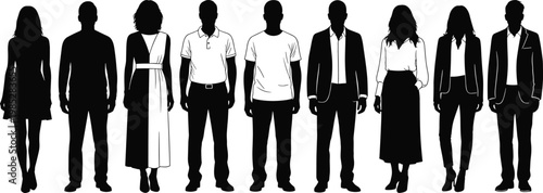Collection of diverse people silhouettes representing different professions and styles on transparent background.