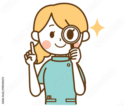 虫眼鏡でポイントをチェックする薬剤師の女性のイラスト