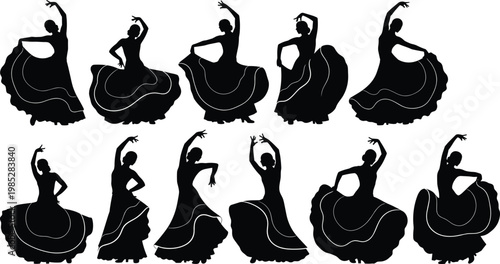Flamenco dancer silhouettes in dynamic poses elegant skirts.