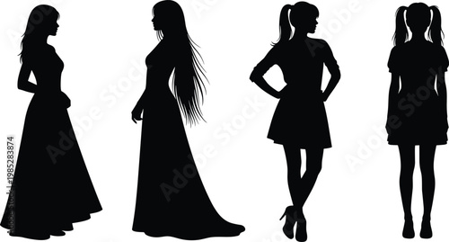 Silhouettes of women in dresses and casual wear on checkered background.