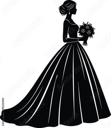 Silhouette of bride with bouquet in long wedding dress on checkered background.