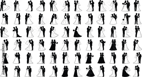 Wedding silhouettes of couples bride groom bridesmaids groomsmen and wedding details isolated on transparent background.