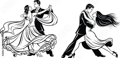 Couple dancing tango in elegant attire, dynamic poses and flowing dresses for ballroom scene.