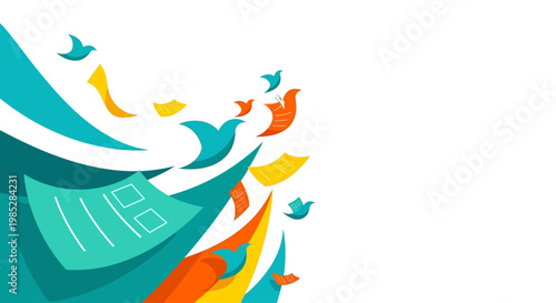 Birds Flying Over Abstract Shapes and Paper