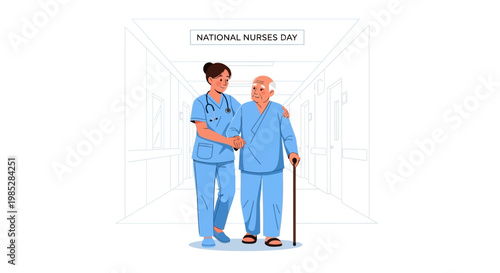 Nurse Assisting Senior Man Walking In Hospital Corridor On National Nurses Day