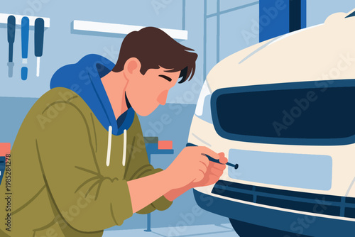 Illustration Of A Man Fixing A License Plate On A White Car In A Garage Vector Design Template