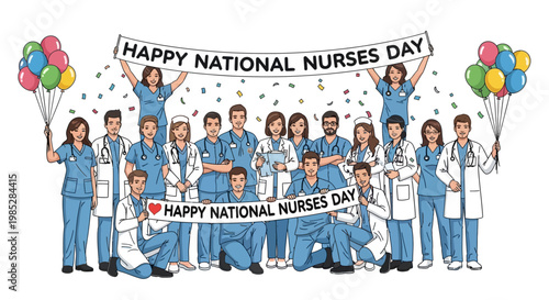 Happy National Nurses Day Celebration with Diverse Medical Professionals