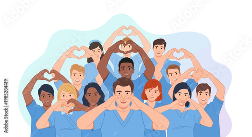 Diverse Group Of Healthcare Professionals Forming Heart Shapes With Hands