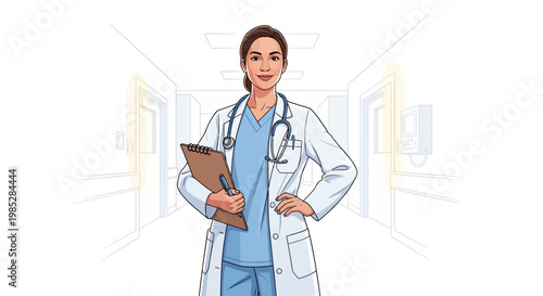 Confident Female Doctor Standing in Hospital Corridor Holding Clipboard