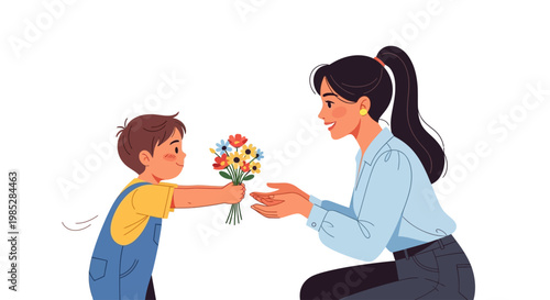 Boy Giving Flowers to Mother
