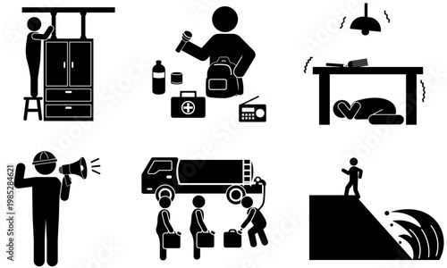 防災行動6種セットピクトグラム　地震・津波・備蓄・避難モノクロアイコン