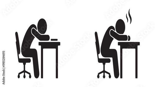 Tired employee sitting at desk set. Exhausted businessman sleeping on office table and worker experiencing burnout with steam from head. Mental health at work and overwork concept vector illustration.