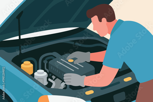 Illustration Of A Professional Mechanic Wearing Gloves Repairing A Car Engine Vector Design Template