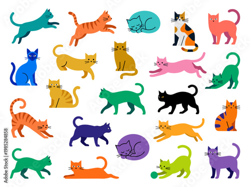 Various colorful cats in playful poses on white background  