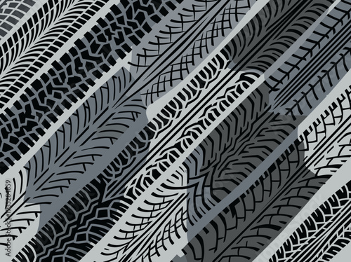 Tire tread patterns in black and grey with various textures  