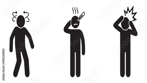 Stick figure icons representing common symptoms: dizziness, high fever with thermometer, and severe headache or migraine.
