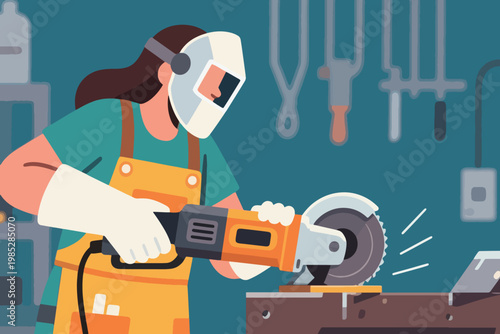 Illustration Of A Woman Using An Electric Circular Saw To Cut Wood In A Workshop Vector Design Template