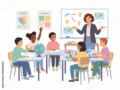 Engaged students raising hands to answer questions during a geography lesson with a teacher pointing at a world map on a whiteboard