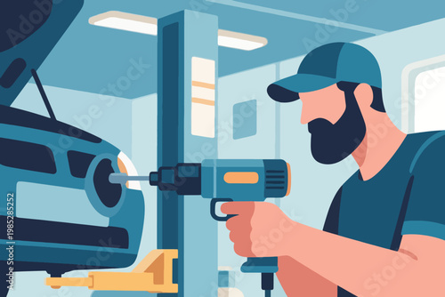 Illustration Of A Professional Mechanic Using An Electric Screwdriver To Repair The Front Of A Car Vector Design Template