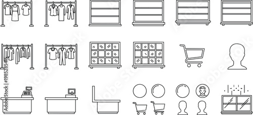 Clothing store line icons set, retail fashion shop elements, shopping cart, cashier counter, racks, shelves, boutique interior design illustration