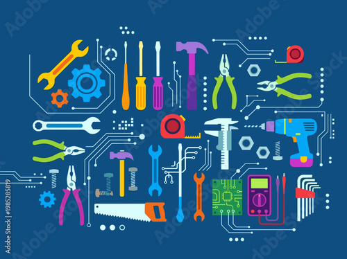 Colorful tools and equipment in flat design on dark blue background  