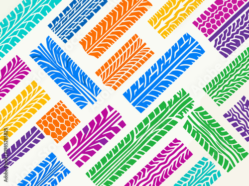 Colorful tire patterns arranged in a geometric design on white background  