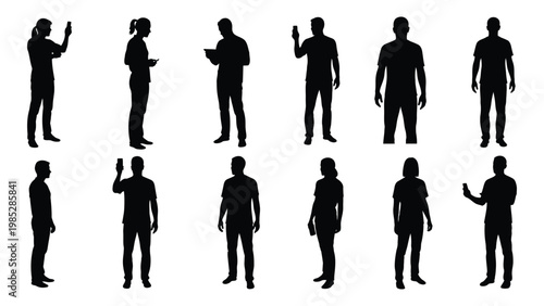 A collection of twelve black silhouettes depicting various people in everyday poses and stances high quality