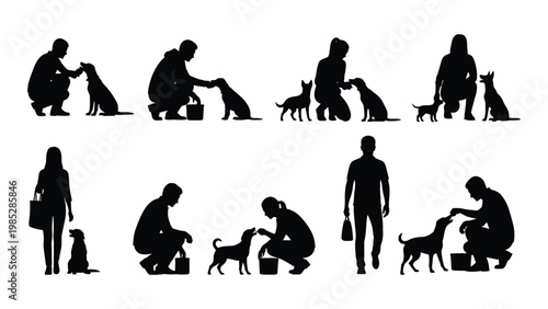 Silhouettes of people interacting with dogs in various poses showcasing companionship and care high quality professional