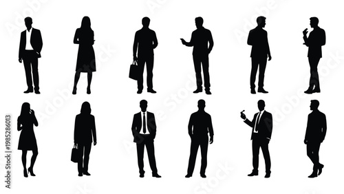 A collection of diverse silhouette figures including men and women standing in various poses high quality